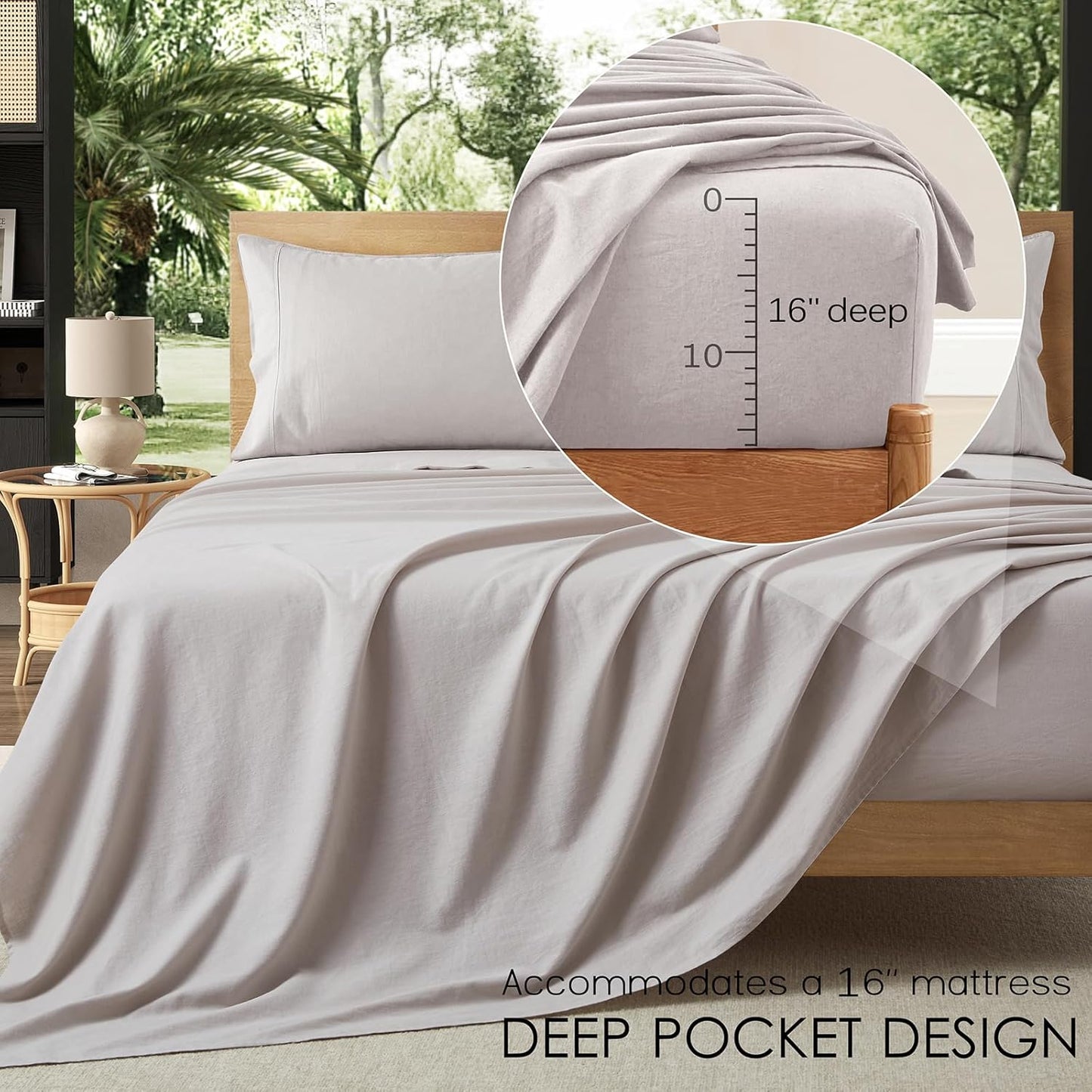 3Pcs Organic Linen Sheets Twin Size, 100% French Linen from Normandy, Breathable Natural Linen Twin Sheet Set with 16 Inch Deep Pocket, 1 Flat Sheet, 1 Fitted Sheet, 1 Pillowcases