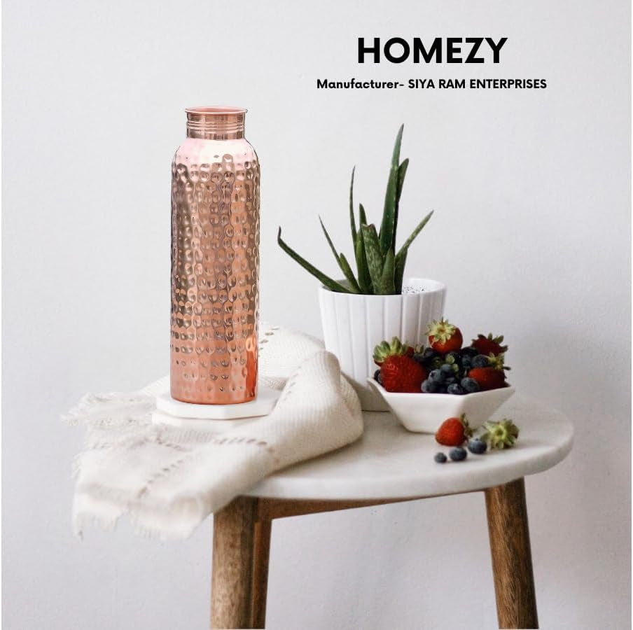Copper Water Bottle (34Oz/1000Ml) 100% Pure Handmade Hammered Ayurvedic Pure Copper Vessel for Drinking Heavy Duty & Leak-Proof