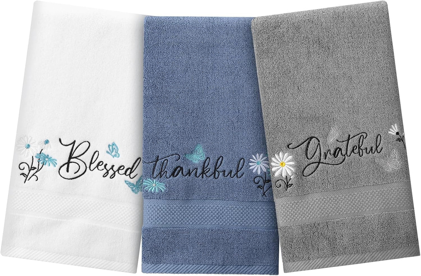 3 Pack Blessed Thankful Grateful Embroidered Cotton Hand Towels 13X30 Inch Rustic Farmhouse Bathroom Decor Soft Absorbent Towel Set for Kitchen Gift Blue Grey White