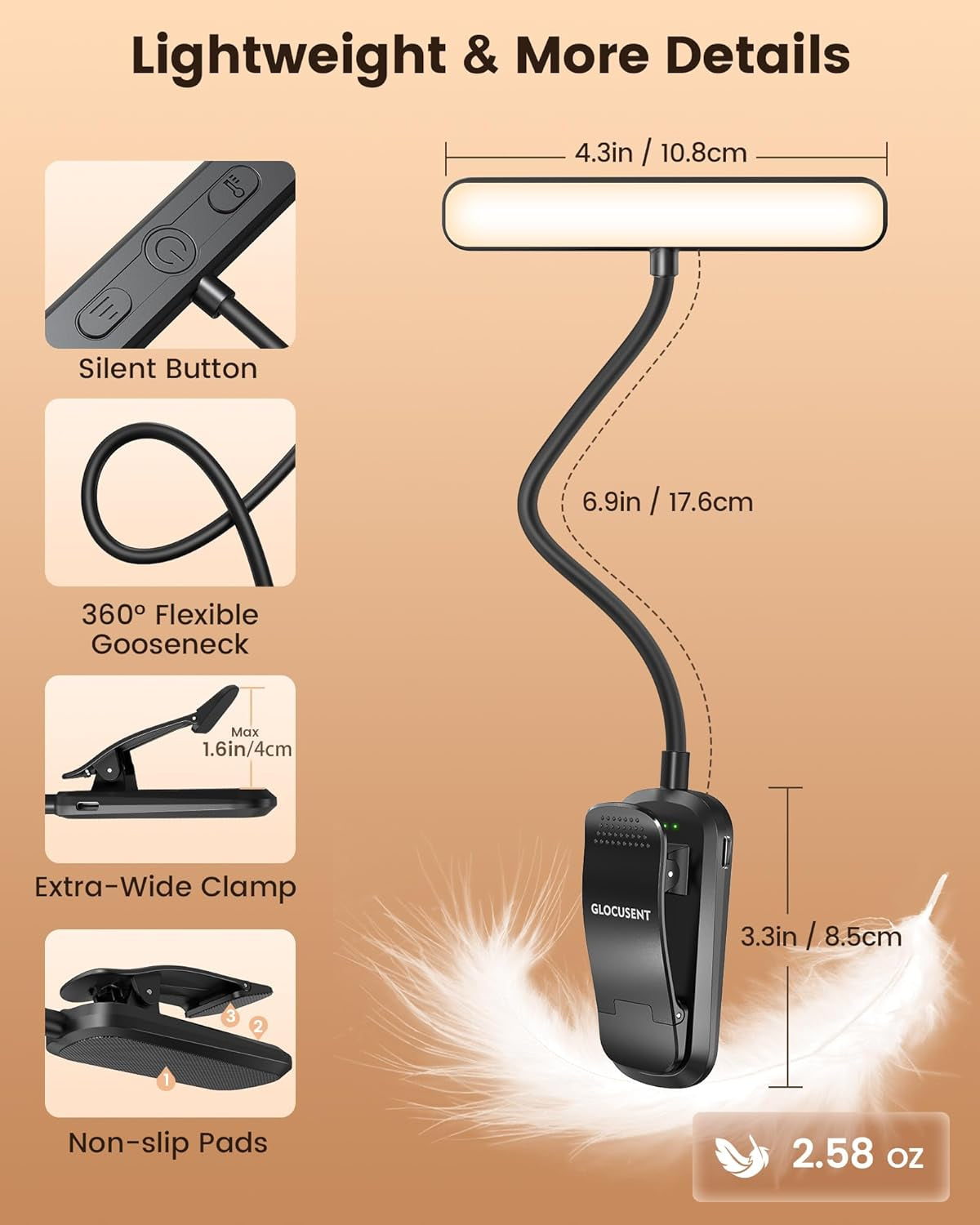 630Nm Red Light Reading Light, 26 Leds Zero Blue Light, 1600K Amber Book Light with 3 Modes & 5 Brightness Dimmable, 120H Runtime, Eye-Care Clip on Light for Book Lovers and Kids