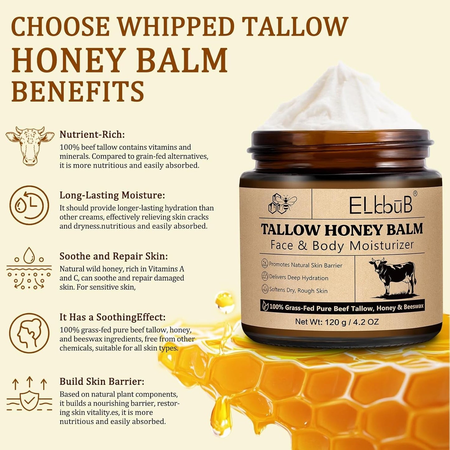 Whipped Tallow Cream for Face & Body - 100% Grass-Fed Beef Tallow, Natural Honey
