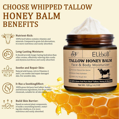 Whipped Tallow Cream for Face & Body - 100% Grass-Fed Beef Tallow, Natural Honey