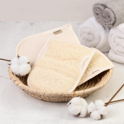 Premium Exfoliating Loofah Gloves – Natural Egyptian Loufa Sponge Body Scrubber Mitts for Soft, Radiant Skin – Left and Right Thumb Holes - Gentle Exfoliation & Deep Clean (1-Pack) (Count 2)