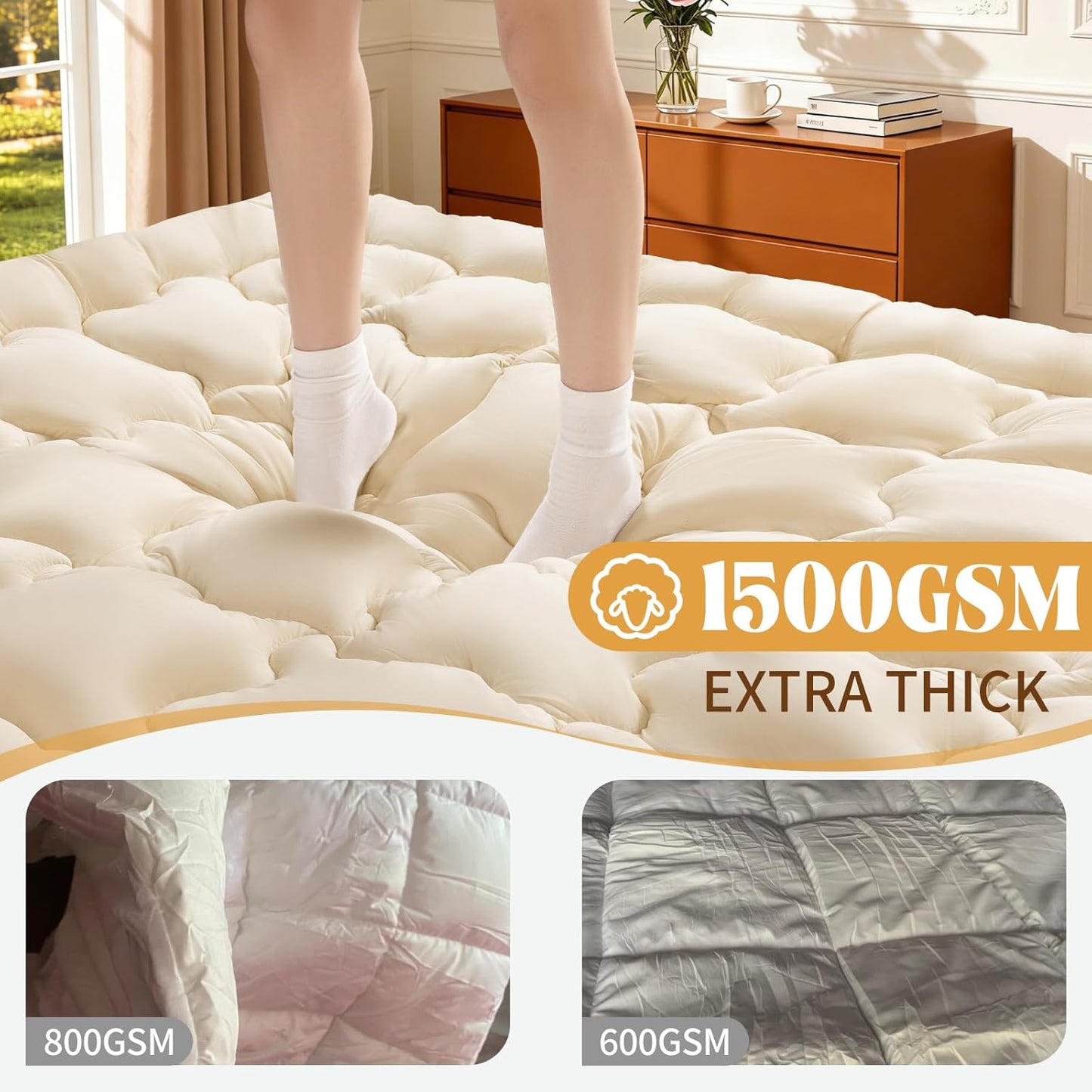 Luxury 100% Organic Wool Mattress Topper, Extra Thick Wool Mattress Pad for Back Pain Relief, Plush Mattress Cover with 6"-18" Deep Pocket (Queen,60"X80")