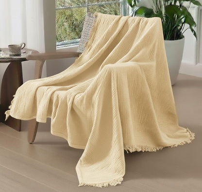 100% Organic Cotton Throw Blankets for Adults, Pre-Washed Plant Dyed, Women, Lightweight Breathable, Soft Gauze Blanket for Couch, Summer, All Season, Creamy
