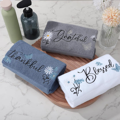 3 Pack Blessed Thankful Grateful Embroidered Cotton Hand Towels 13X30 Inch Rustic Farmhouse Bathroom Decor Soft Absorbent Towel Set for Kitchen Gift Blue Grey White