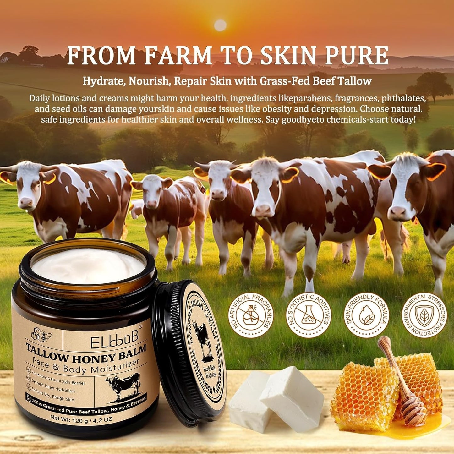 Whipped Tallow Cream for Face & Body - 100% Grass-Fed Beef Tallow, Natural Honey