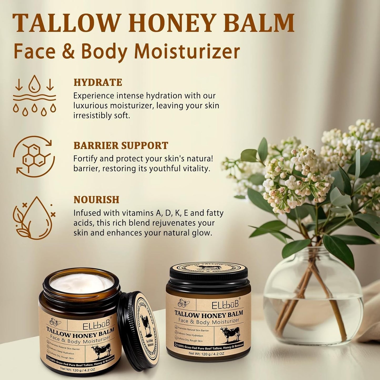 Whipped Tallow Cream for Face & Body - 100% Grass-Fed Beef Tallow, Natural Honey