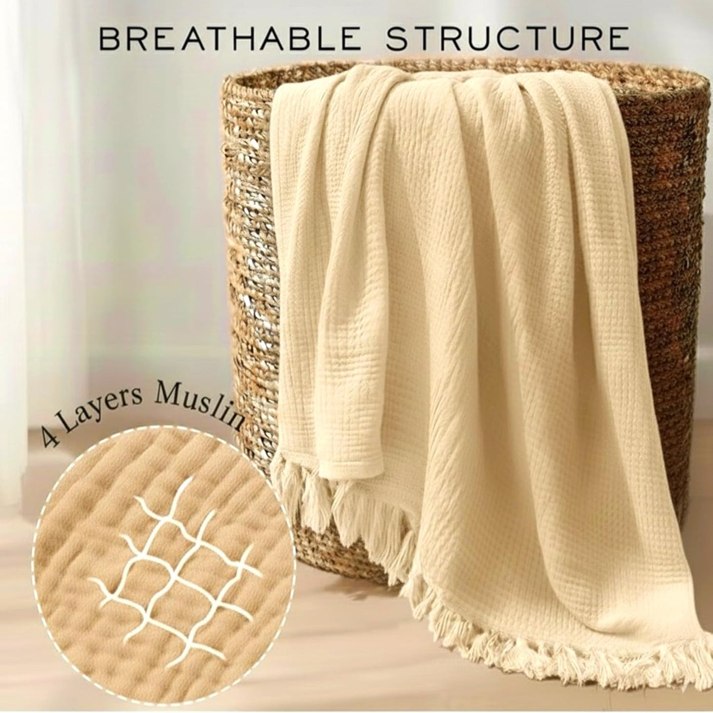 100% Organic Cotton Throw Blankets for Adults, Pre-Washed Plant Dyed, Women, Lightweight Breathable, Soft Gauze Blanket for Couch, Summer, All Season, Creamy