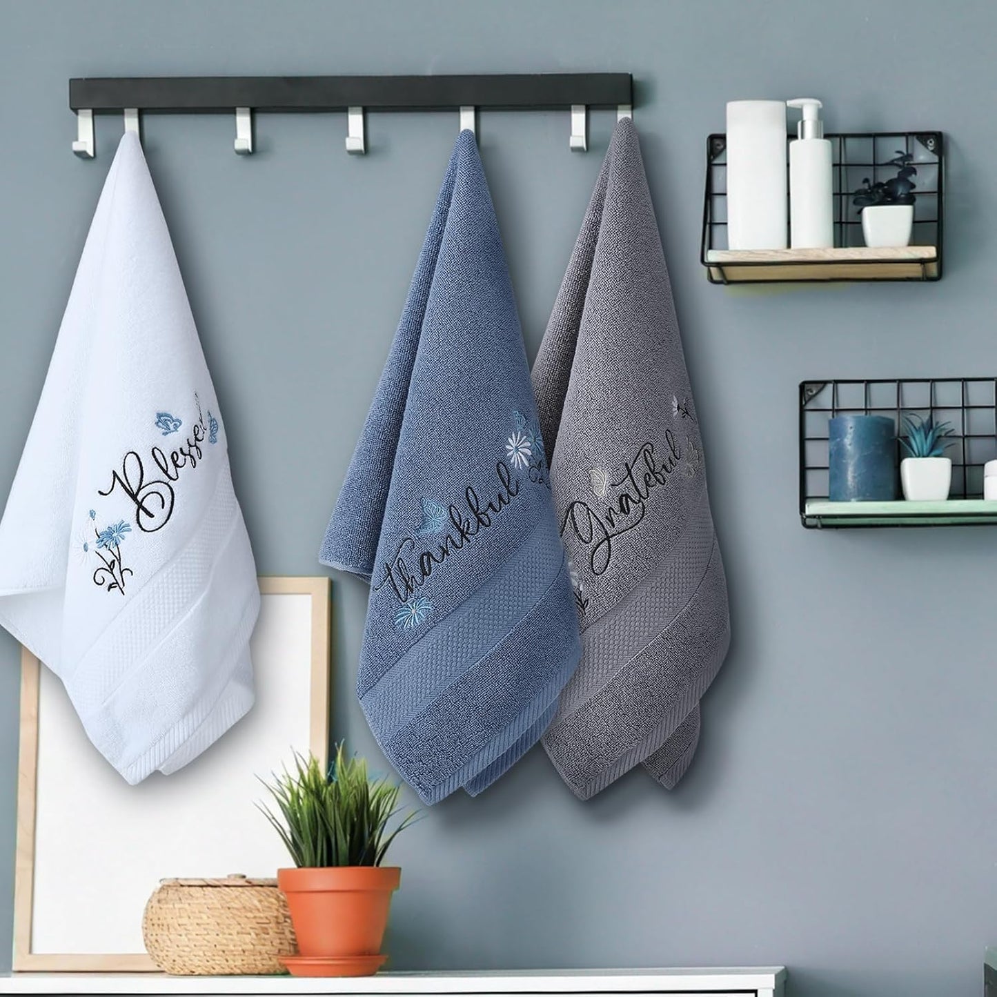 3 Pack Blessed Thankful Grateful Embroidered Cotton Hand Towels 13X30 Inch Rustic Farmhouse Bathroom Decor Soft Absorbent Towel Set for Kitchen Gift Blue Grey White