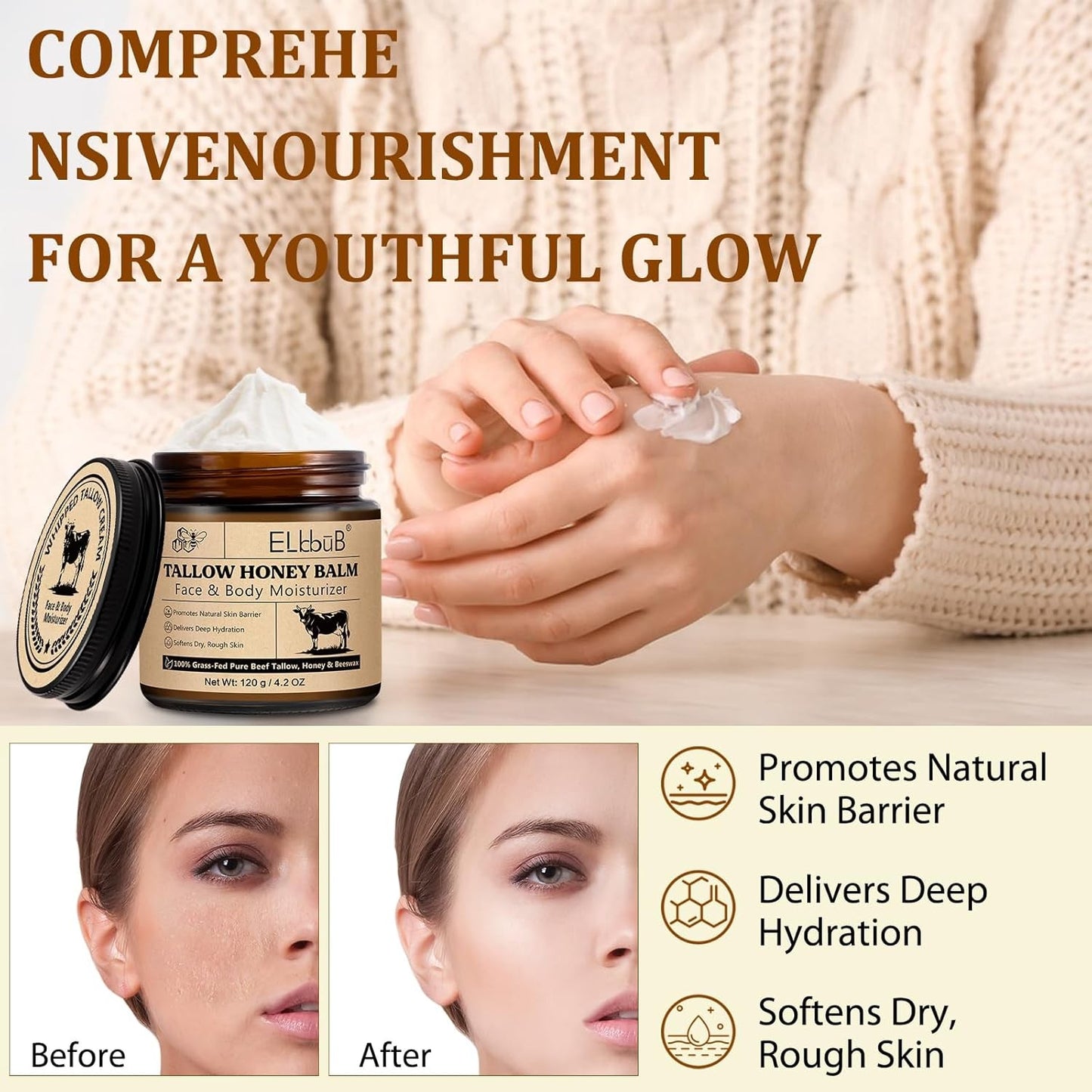Whipped Tallow Cream for Face & Body - 100% Grass-Fed Beef Tallow, Natural Honey
