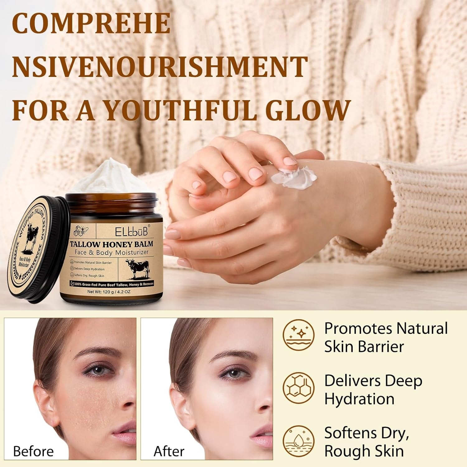 Whipped Tallow Cream for Face & Body - 100% Grass-Fed Beef Tallow, Natural Honey
