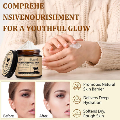 Whipped Tallow Cream for Face & Body - 100% Grass-Fed Beef Tallow, Natural Honey